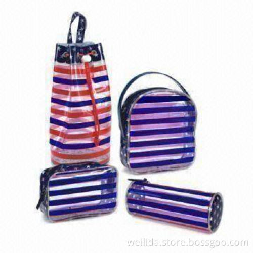 Stripe PVC Cosmetic Bag with Drawstring Closure and Handle, Measures 11.5 x 11.5 x 23cm